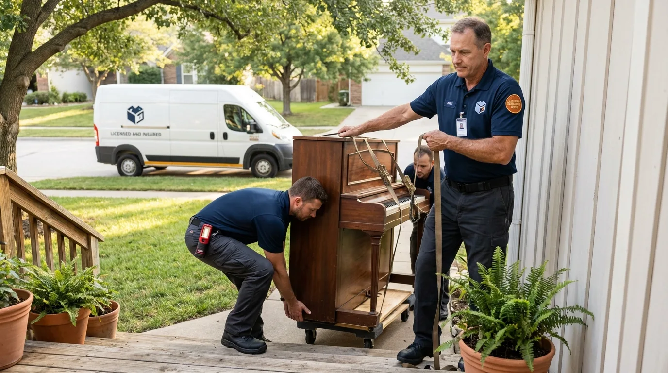 Licensed piano movers securing grand piano in Lester Prairie, MN