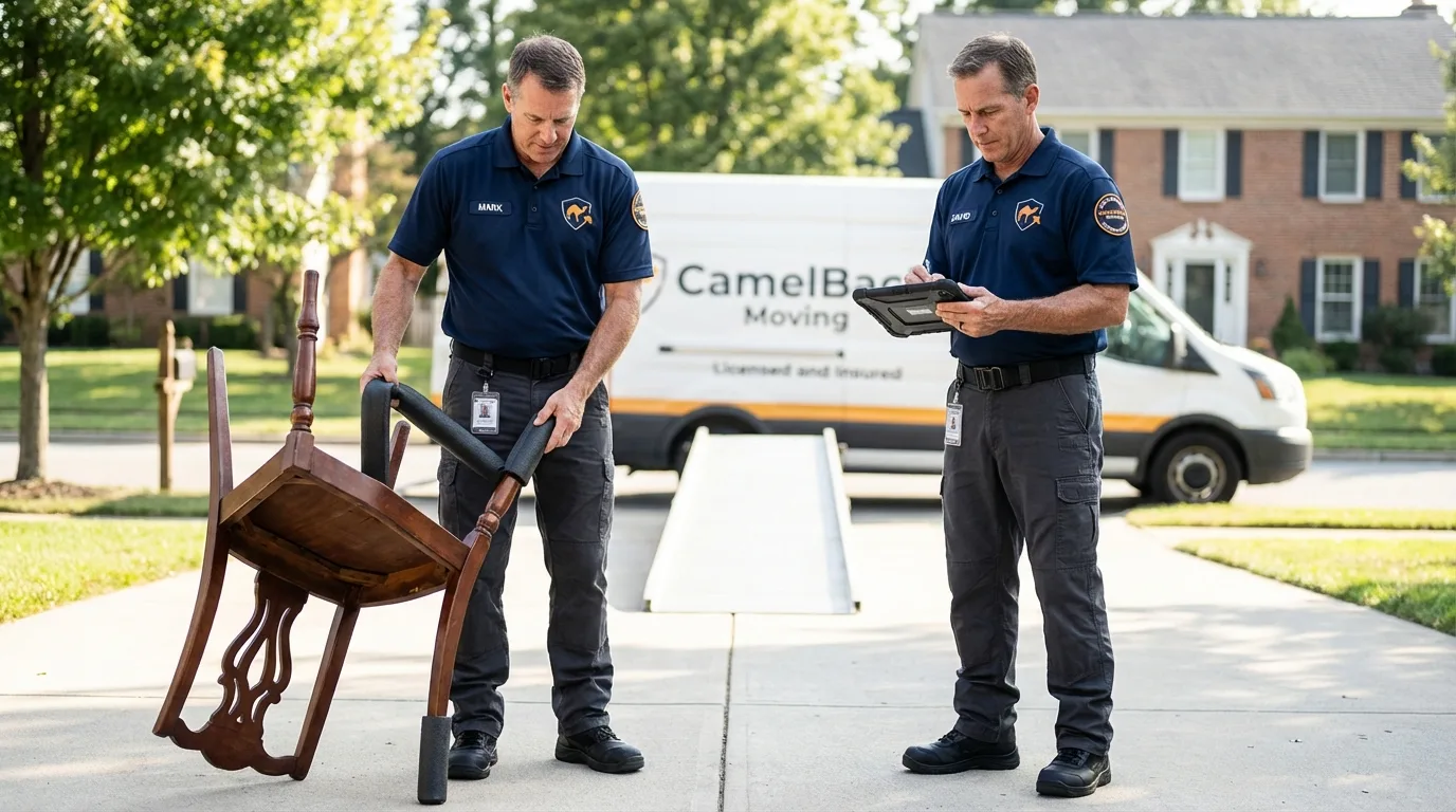 Movers inspecting furniture for damage prevention before loading in Lester Prairie, MN