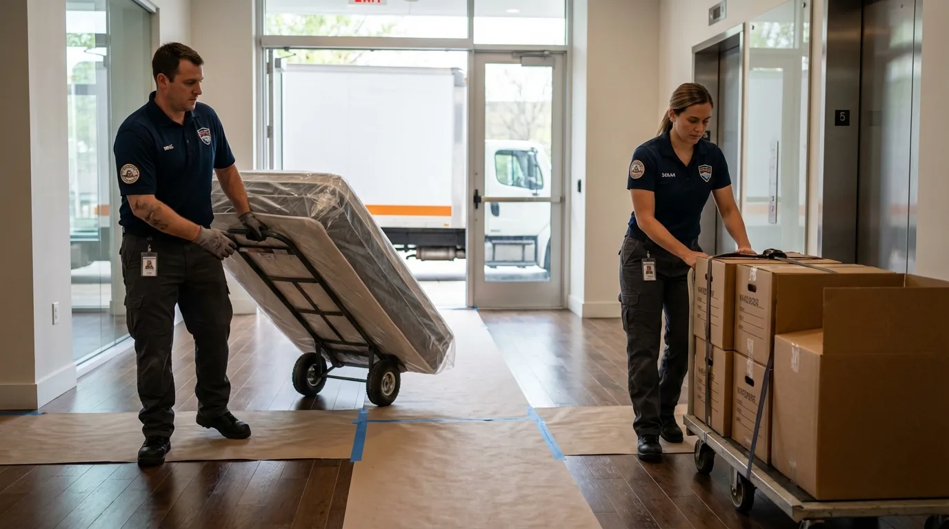 Professional apartment movers loading elevator in Lester Prairie, MN