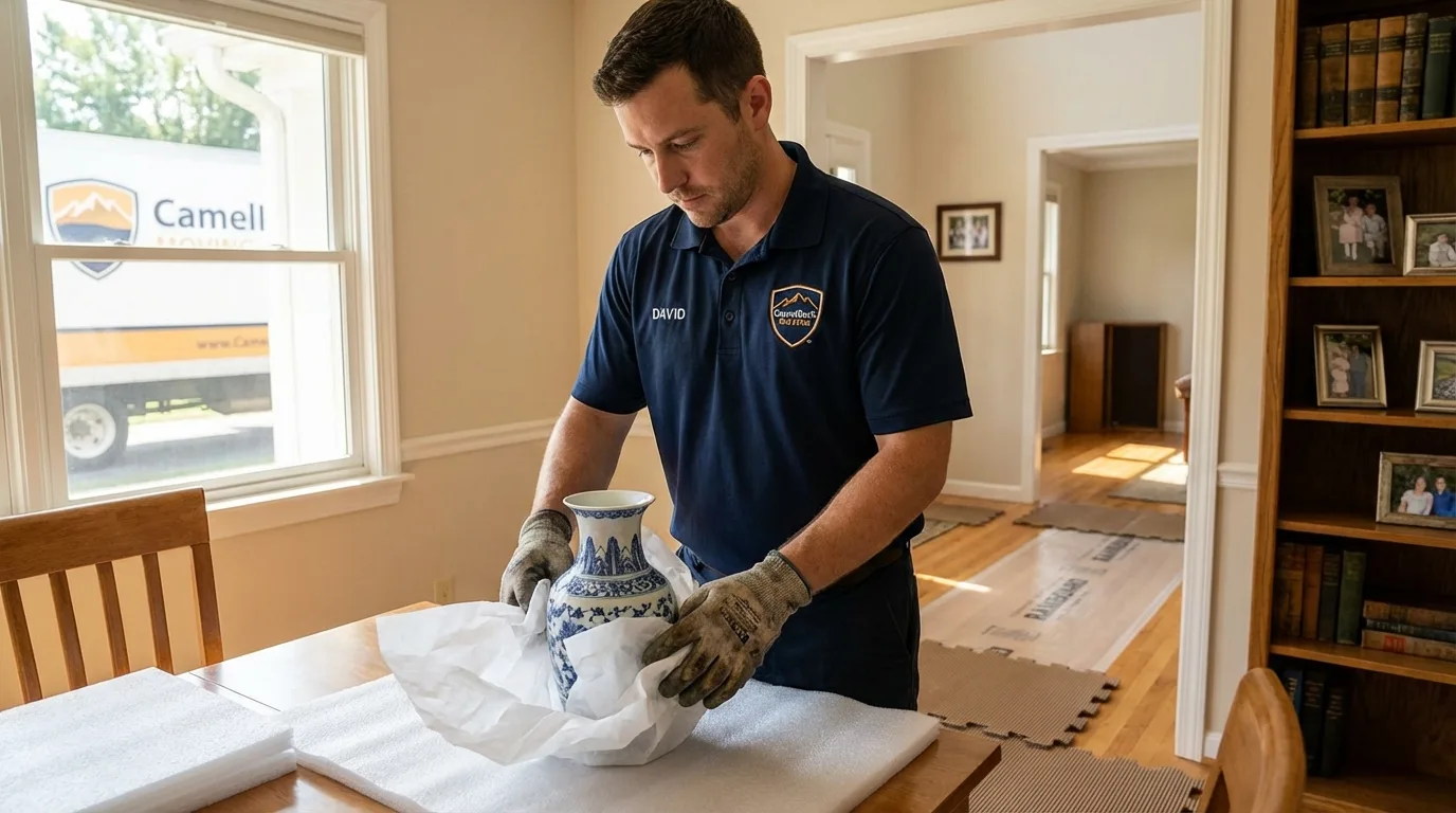 Professional crew carefully wrapping antique vase for senior downsizing move in Lester Prairie, MN